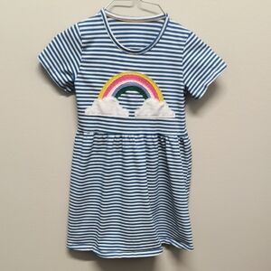 Blue Striped Kids Dress with Rainbow Design